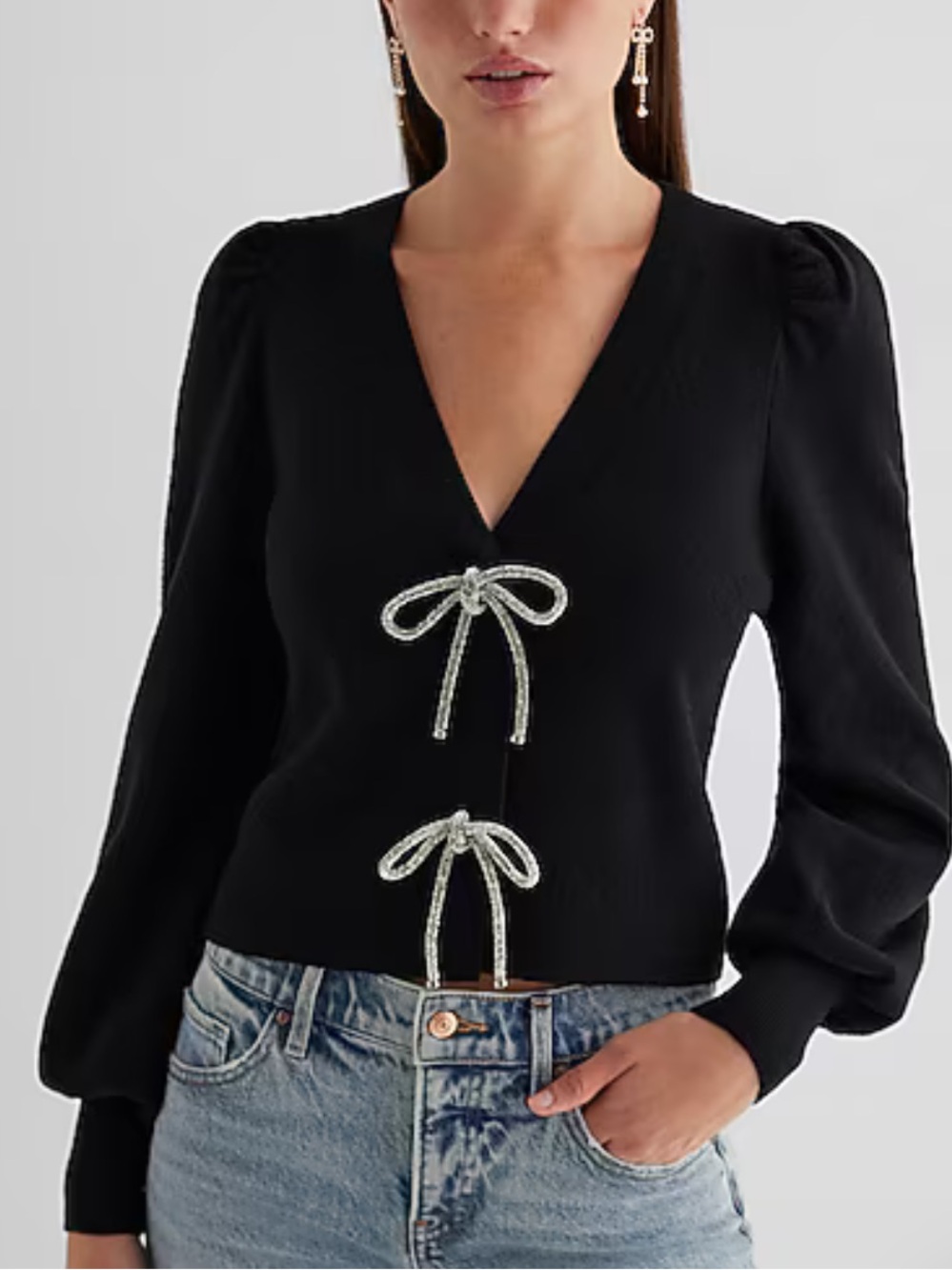 Express V-Neck Embellished Rhinestone Bow Cardigan Sweater Medium